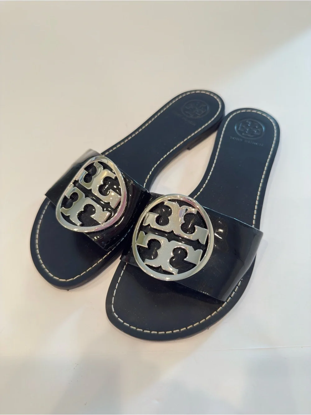 Tory Burch Grania Black Patent Leather Slide Sandals Silver Logo Size 9